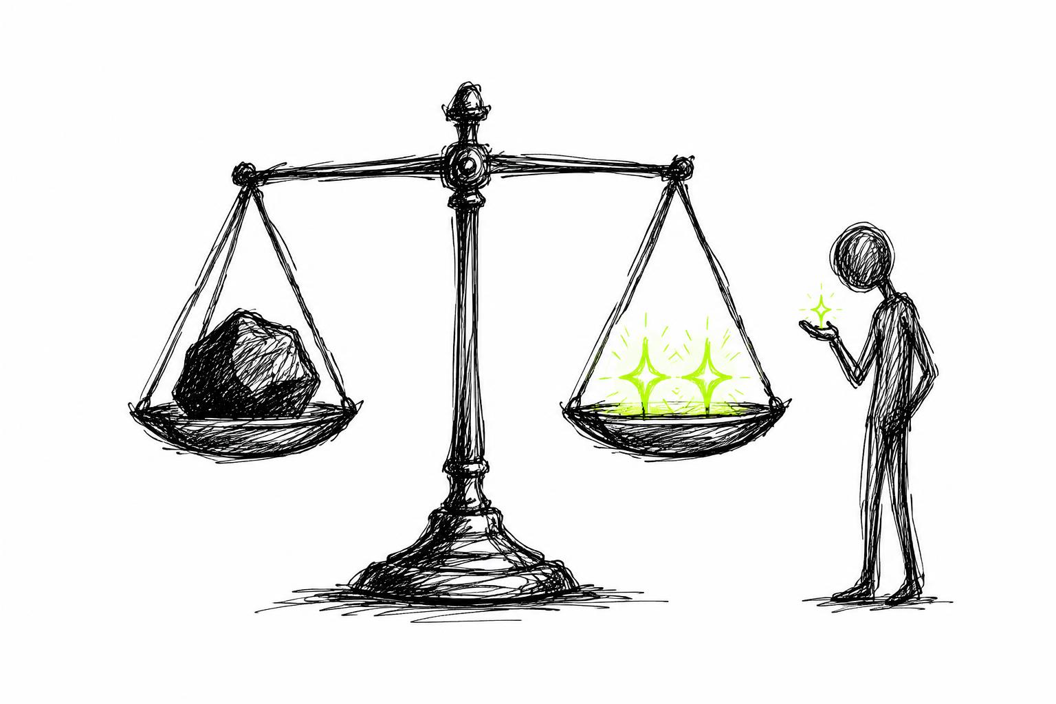 Scribble-Zeichnung einer alten Waage: links ein schwerer Stein als Stress, rechts zwei limegrüne Glimmer-Funken, daneben eine Person, die einen Glimmer in der Hand hält.